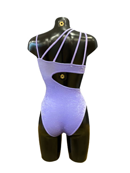 Jenetex Asymmetric Lilac Crushed Velour Leotard With Motif