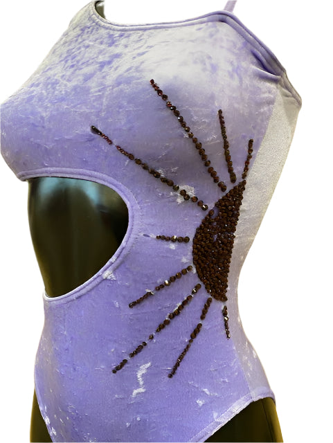 Jenetex Asymmetric Lilac Crushed Velour Leotard With Motif