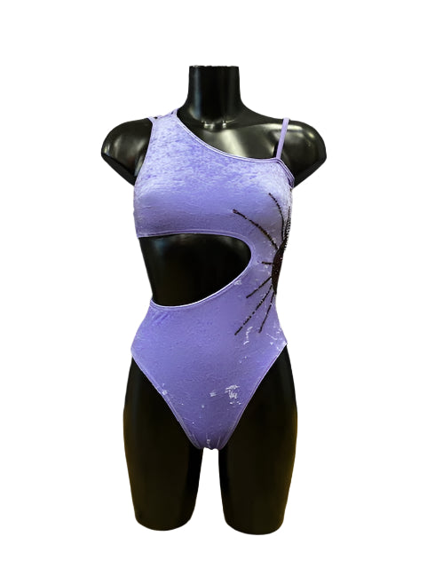 Jenetex Asymmetric Lilac Crushed Velour Leotard With Motif