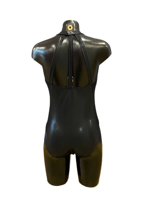 Jenetex Turtle Neck Strappy Back Shiny Black & White Leotard