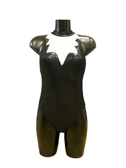 Jenetex Turtle Neck Strappy Back Shiny Black & White Leotard