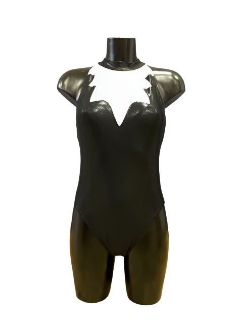 Jenetex Turtle Neck Strappy Back Shiny Black & White Leotard